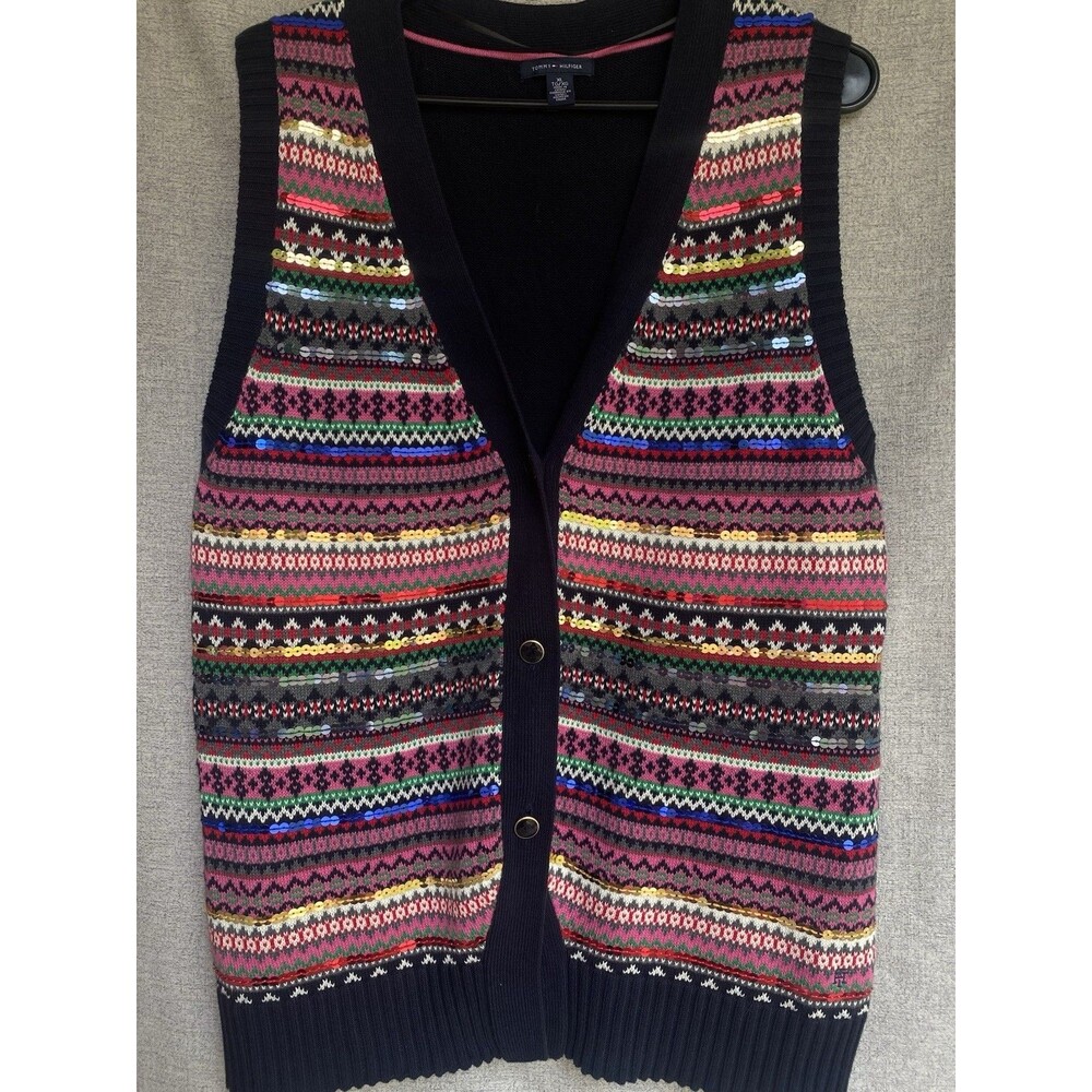 TOMMY HILFIGER Sequins Nordic Fair Isle Print Front Buttons Vest Sweater Size XL